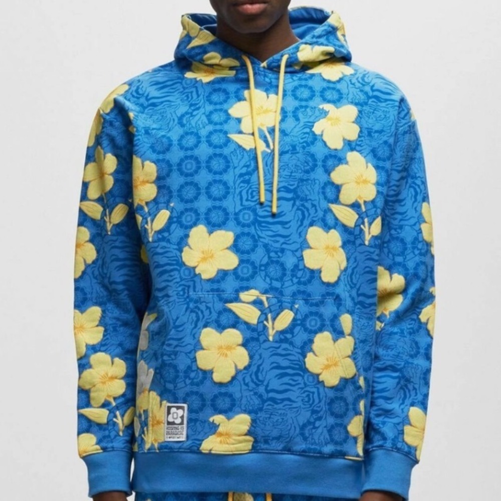 Overtime paradise Allover blue‎ Hoodie Floral Print Sweatshirt Men's S